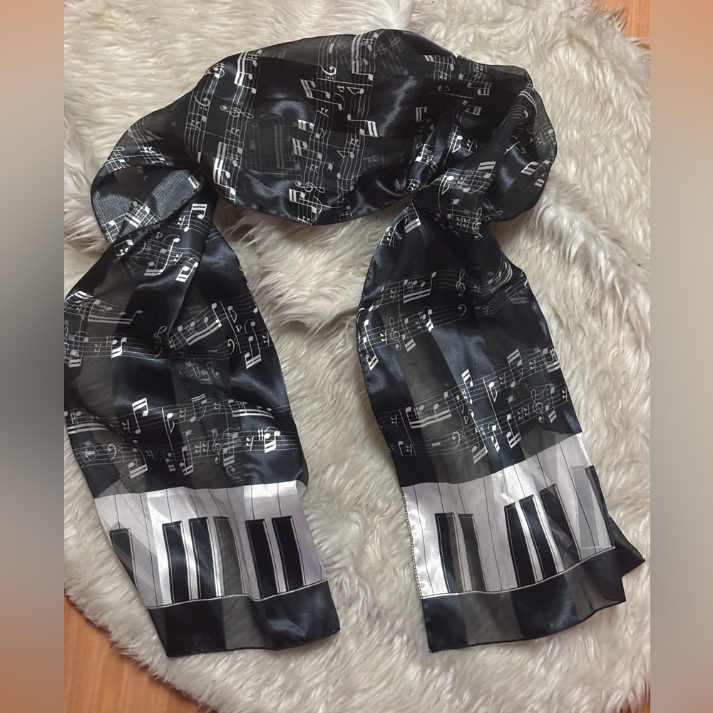 Black White Piano Keyboard Scarf with Music Notes Large Silk Feel